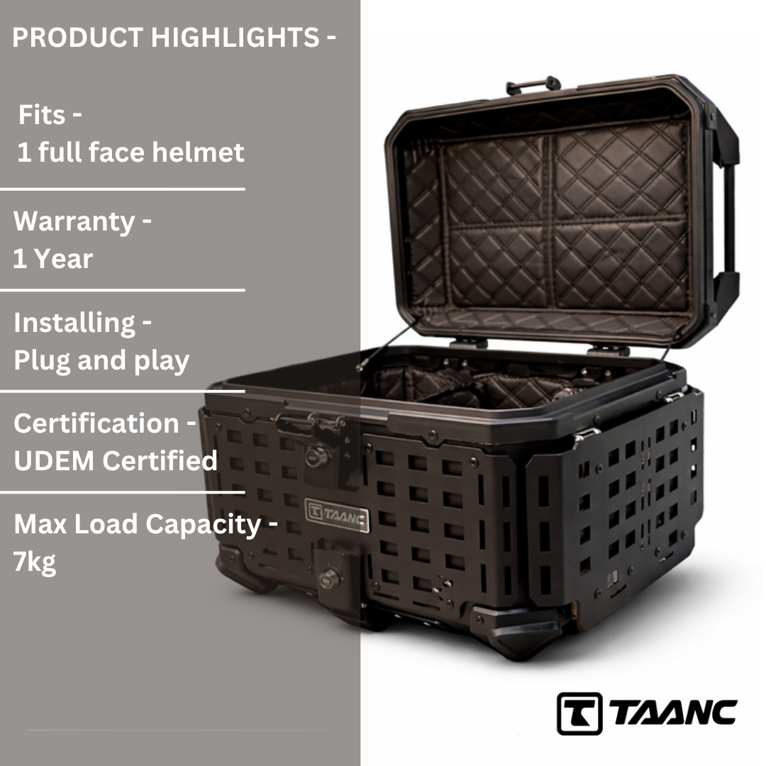 TAANC Nomad Forge Folding Top Box – Stealth Black | 45L Aluminium Adventure WP Motorcycle Storage Box