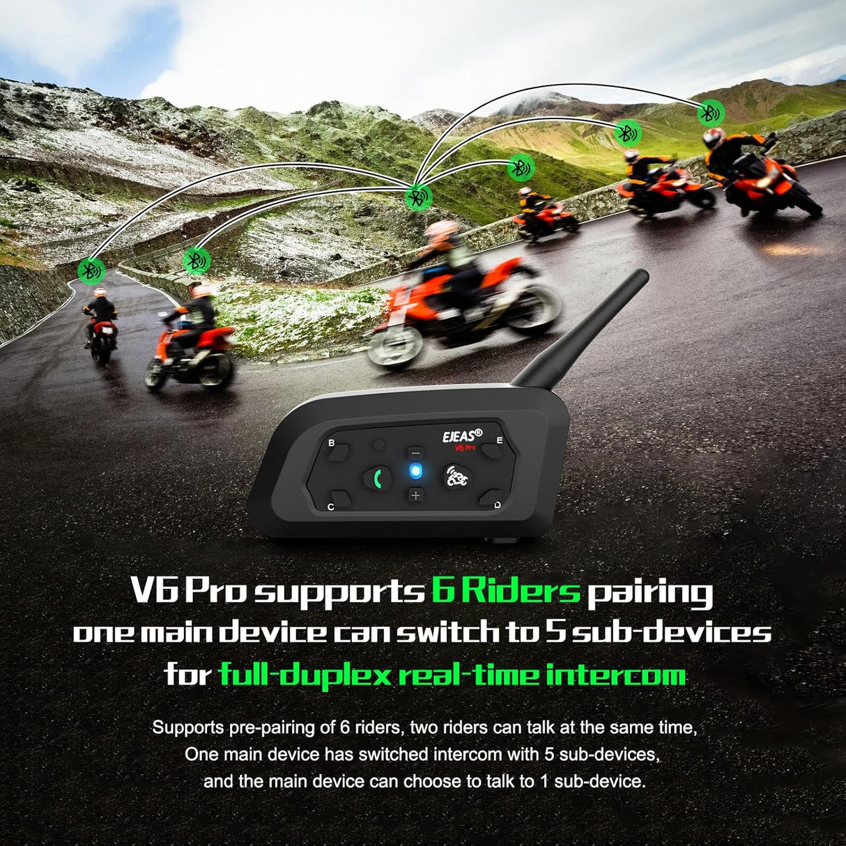 EJEAS V6 Pro + Helmet Intercom Communication System V6 Motorcycle Bluetooth On Ear Headphones Connect Up to 6 Riders 1200M V6 Pro(1 Pack) - 1 YEAR WARRANTY