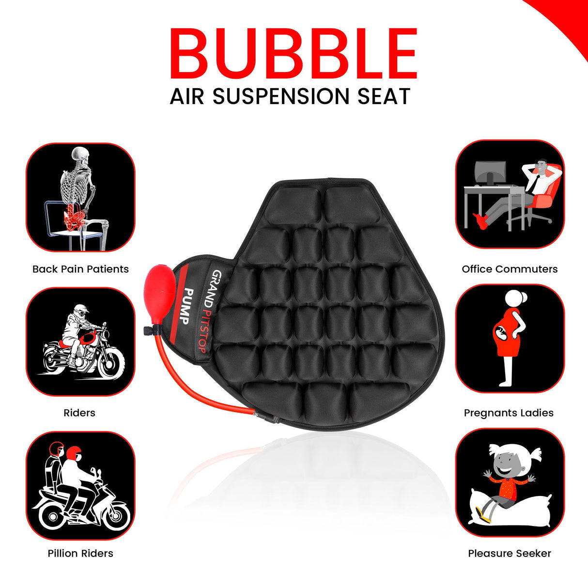 Air Bubble Airseat for Medical, Offices, Home, Motorcycle and Car Lumbar Support - Cruiser with Pump