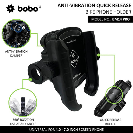 BOBO BM14 PRO Quick Release with Vibration Controller Enhanced BM4 PRO Bike / Cycle Phone Holder Motorcycle Mobile Mount