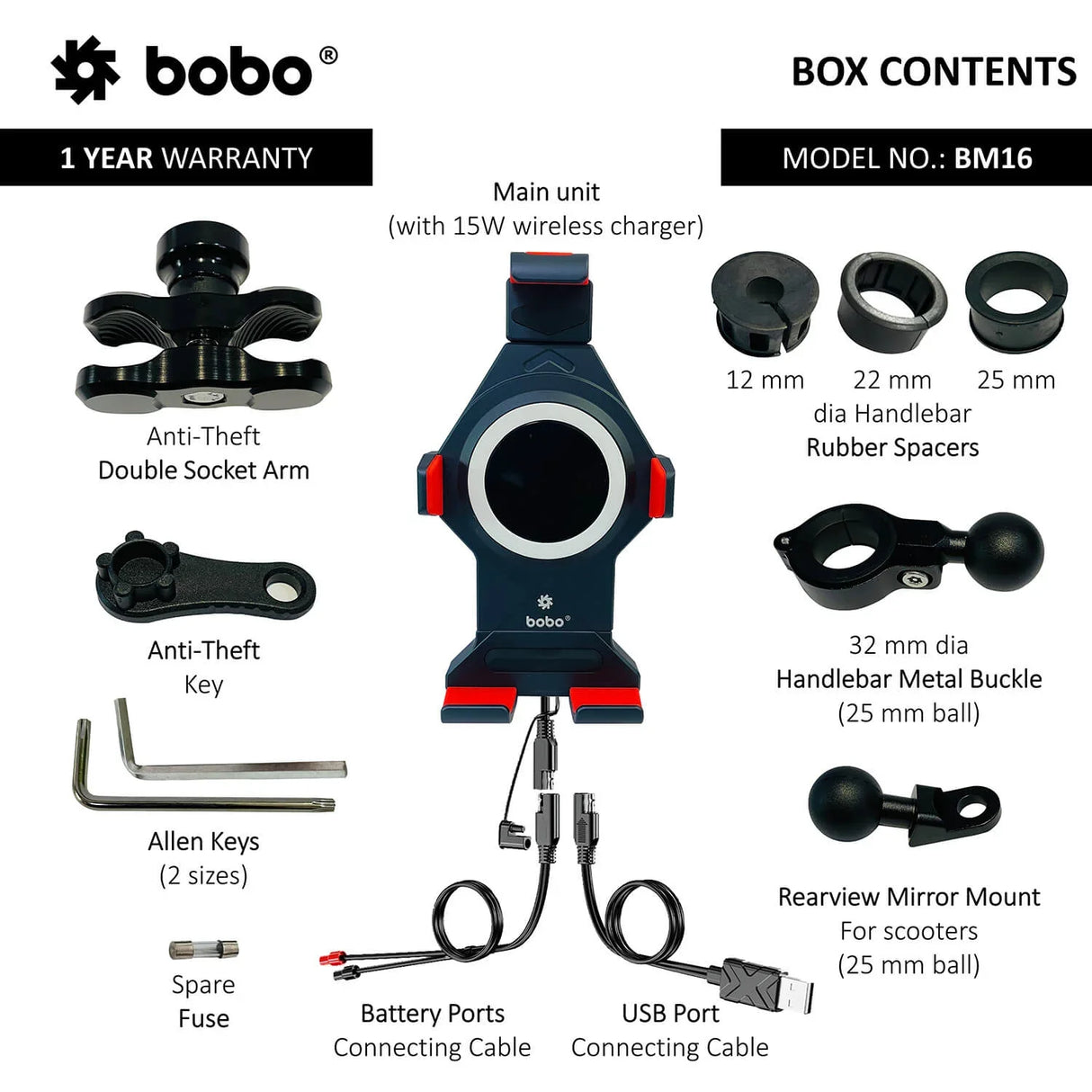 BOBO BM16 Anti-Vibration Metallic Bike Phone Holder with Fast 15W Wireless Charger