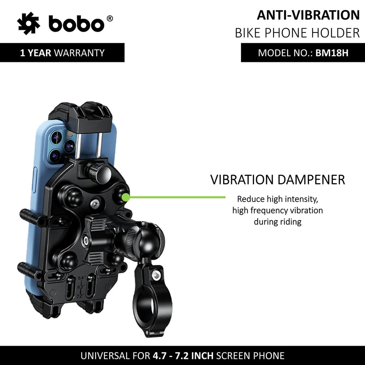 BOBO BM18H/M PRO Anti-Vibration Phone Mount with 15W Wireless Charger & USB-C Charging