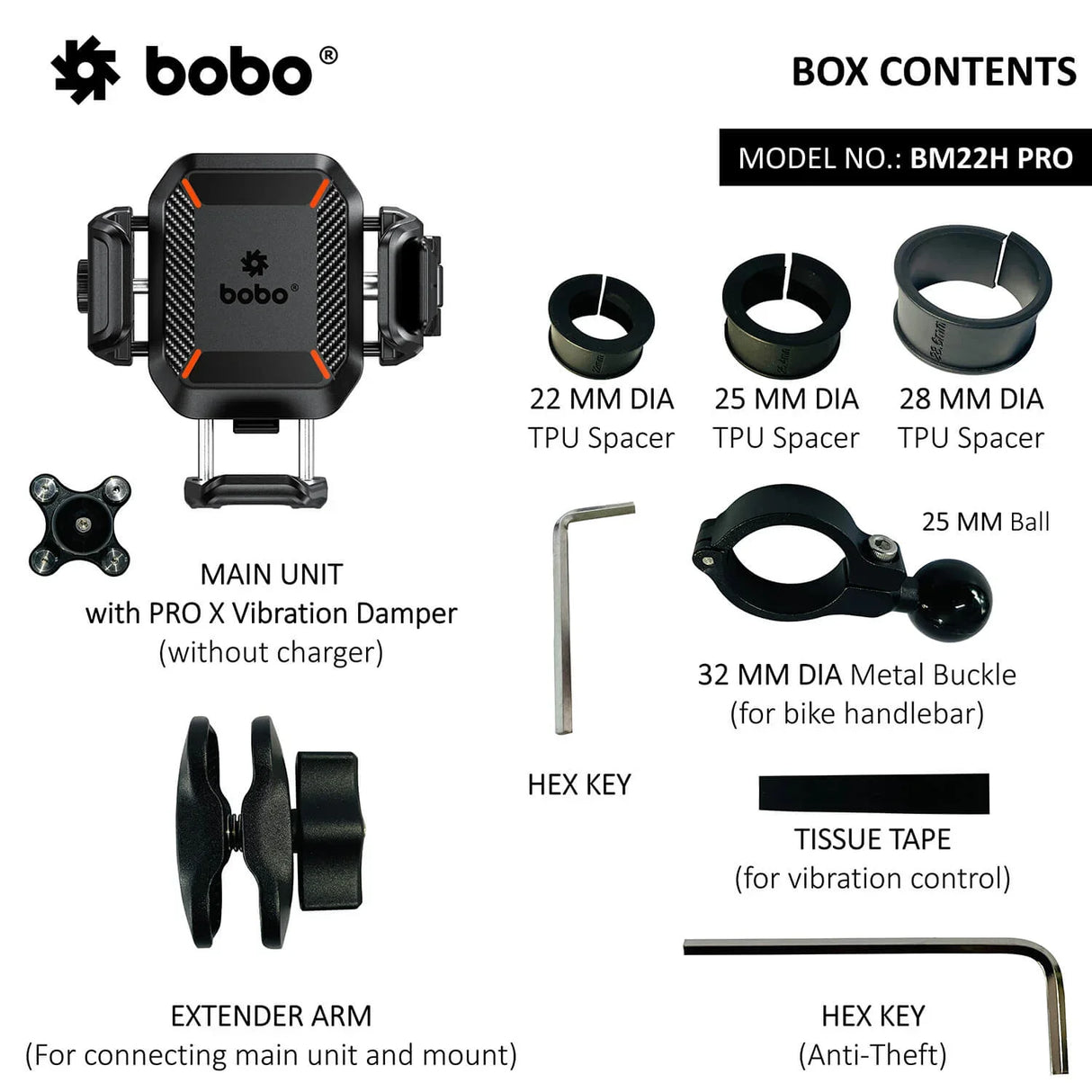 BOBO BM22H (or BM22M) PRO Handlebar (or Mirror) Mount Anti-Vibration Anti-Theft Bike / Cycle Phone Holder Motorcycle Mobile Mount