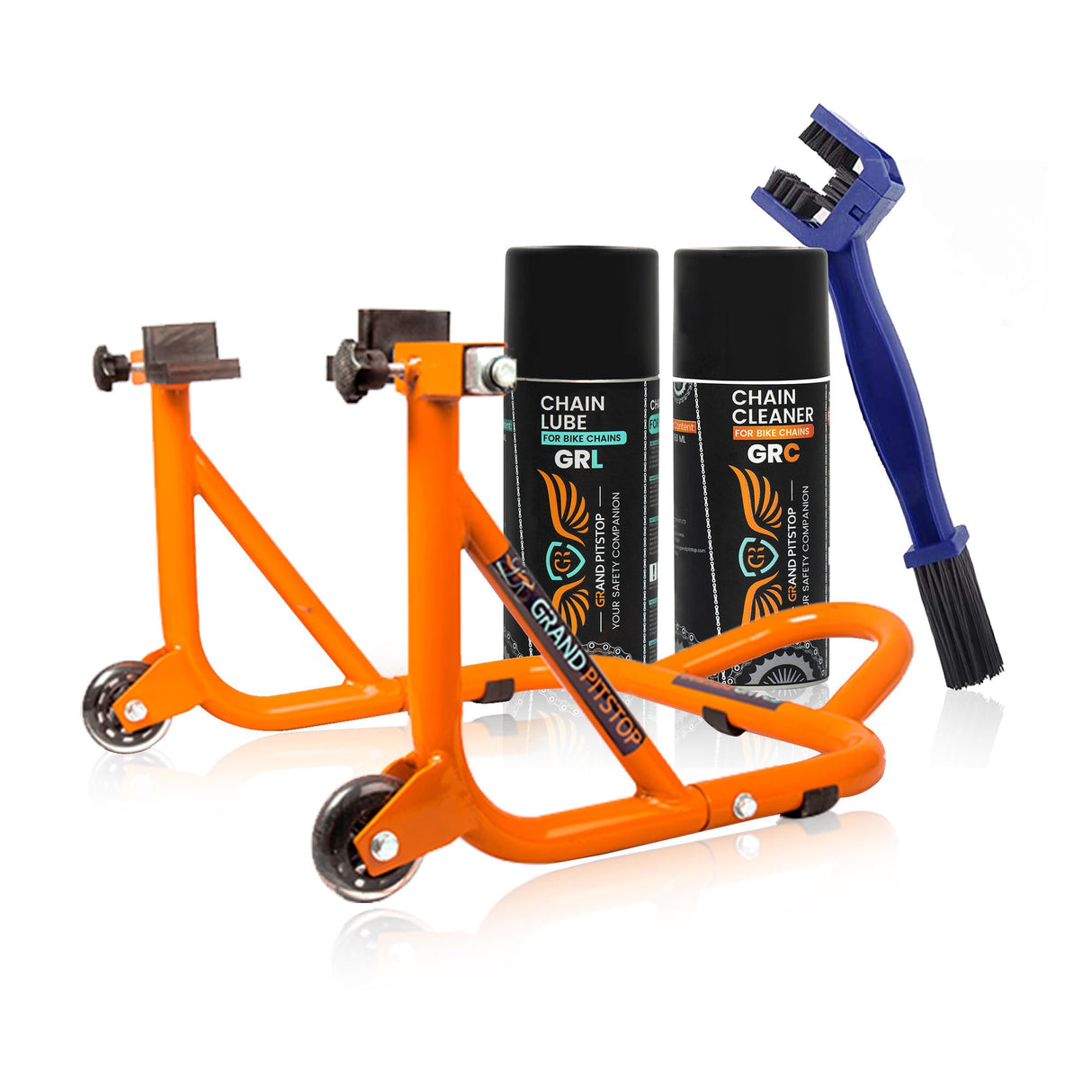 Combo of Chain Cleaning Brush & GR Chain Cleaner-160ml & GR Chain Lube-160ml & Dismantable Paddock Stand-Orange