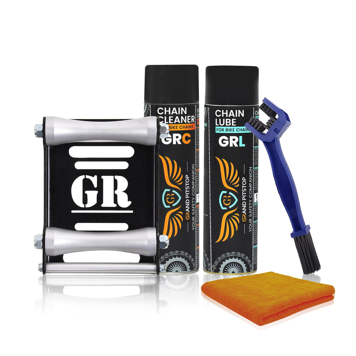 Combo of Chain Cleaning Brush & GR Chain Cleaner-160ml & GR Chain Lube-160ml & Microfiber cloth & Groller Large