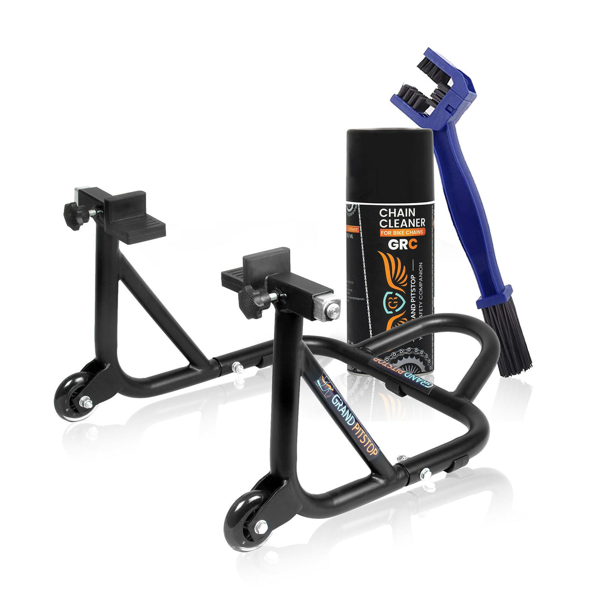 Combo of Chain Cleaning Brush & GR Chain Cleaner-160ml & Dismantable Paddock Stand-Black