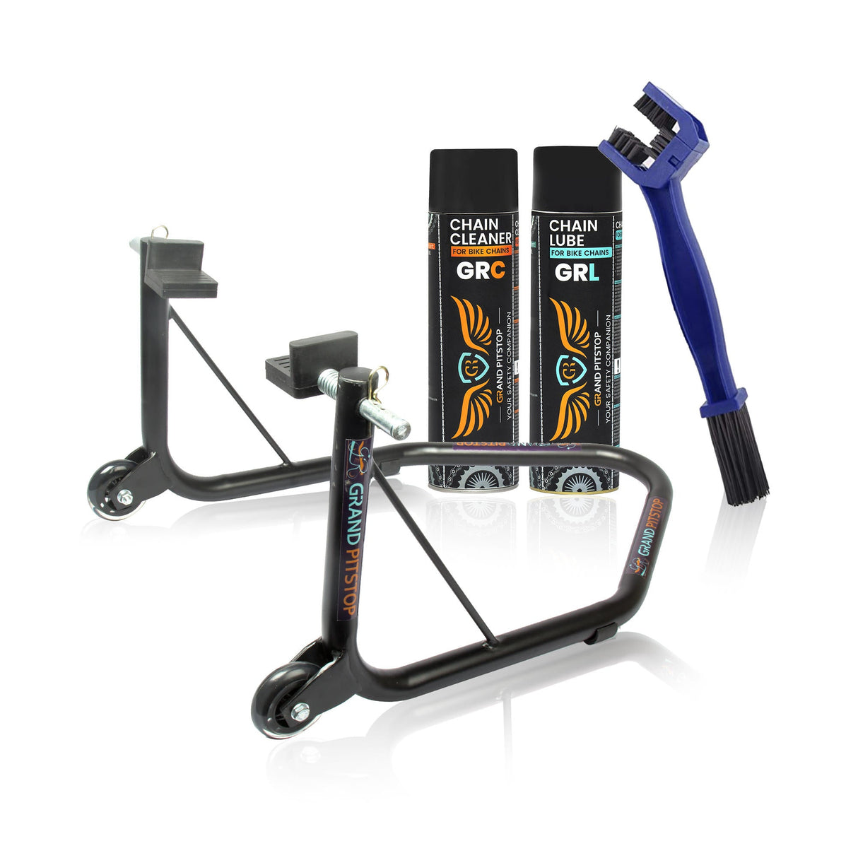 Combo of Chain Cleaning Brush & GR Chain Cleaner-500ml & GR Chain Lube-500ml & Non-Dismantable Universal Paddock Stand-Black