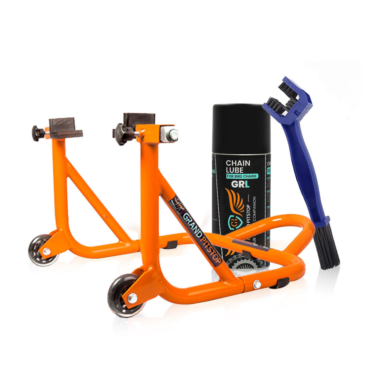 Combo of Chain Cleaning Brush & GR Chain Lube-160ml & Dismantable Paddock Stand-Orange