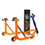 Combo of Chain Cleaning Brush & GR Chain Lube-500ml & Dismantable Paddock Stand-Orange