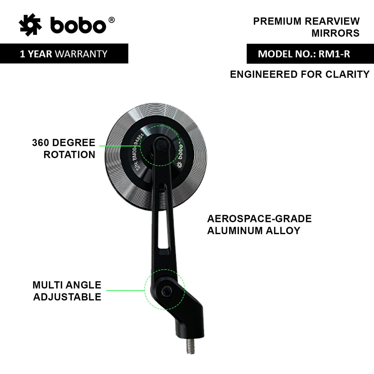BOBO RM1-R Anti-Glare, Anti-Fog Rearview Bike Mirror