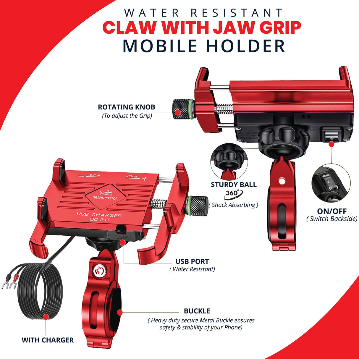 Claw with Jaw Grip Aluminium Mobile Holder with Charger - Red