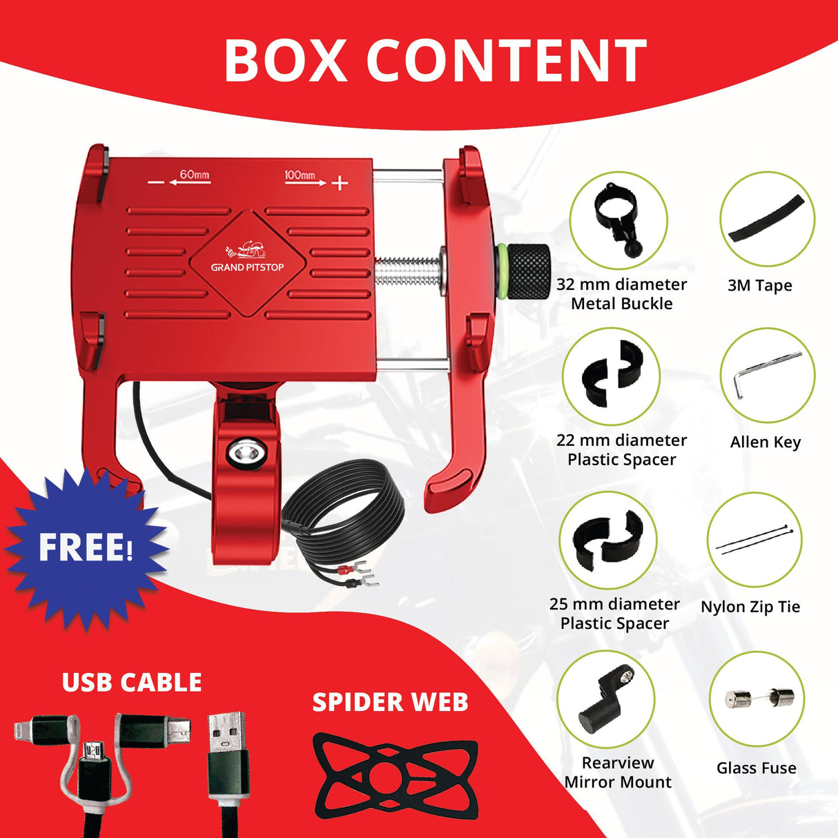 Claw with Jaw Grip Aluminium Mobile Holder with Charger - Red