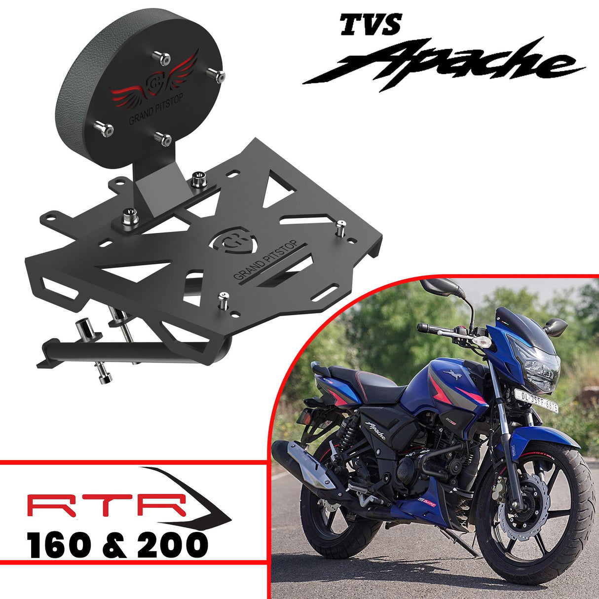 Extended Top Rack with Plate for TVS Apache 160 and 200 - Black