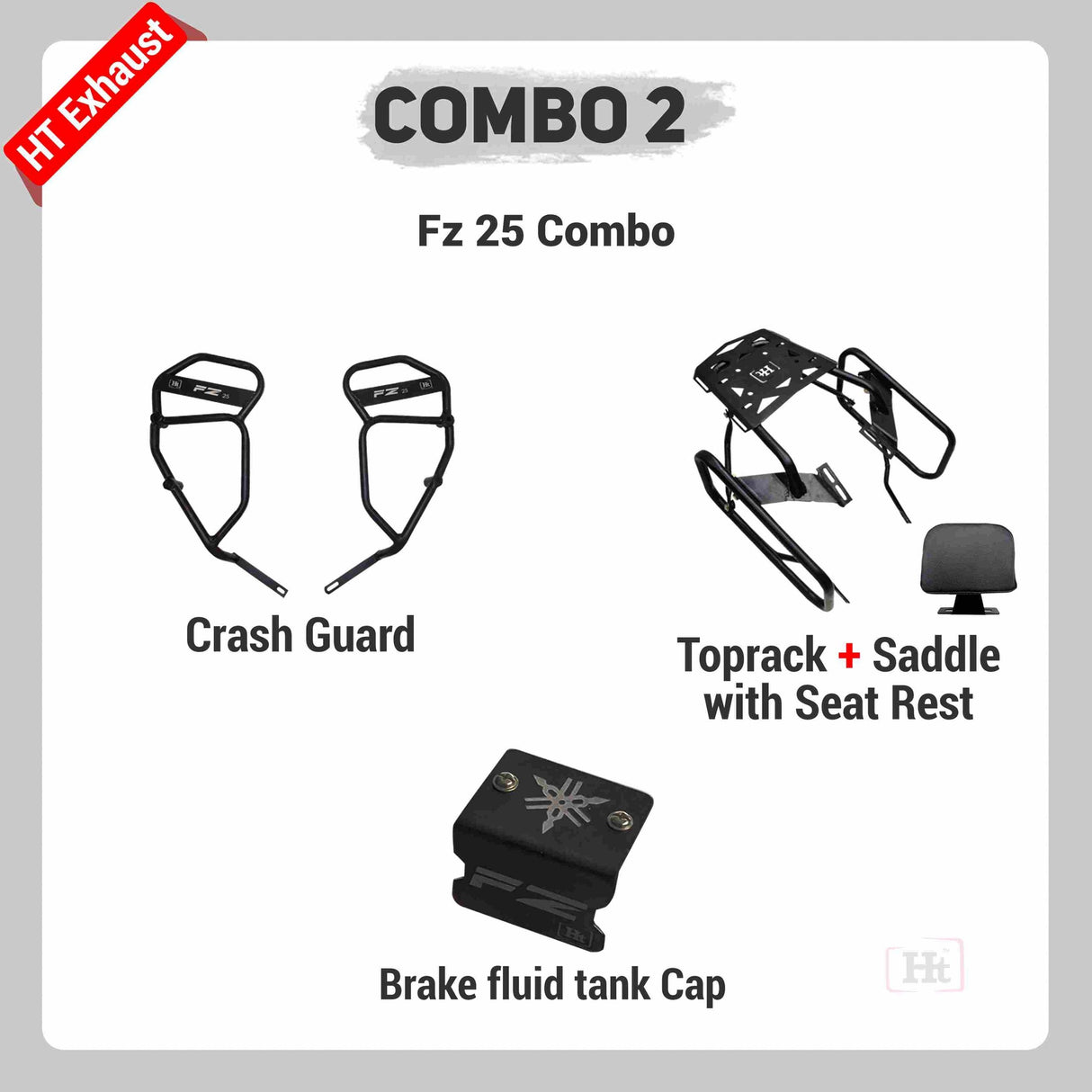 COMBO 2 FZ 25 Crash Guard + Top Rack + Saddle Stay with Seat Rest + Brake Fluid Tank Cap – HT EXHAUST