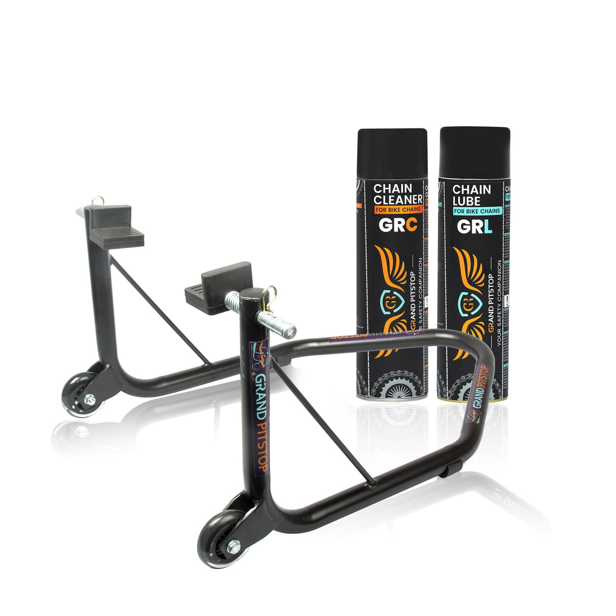 Combo of GR Chain Cleaner-500ml & GR Chain Lube-500ml & Non-Dismantable Universal Paddock Stand-Black