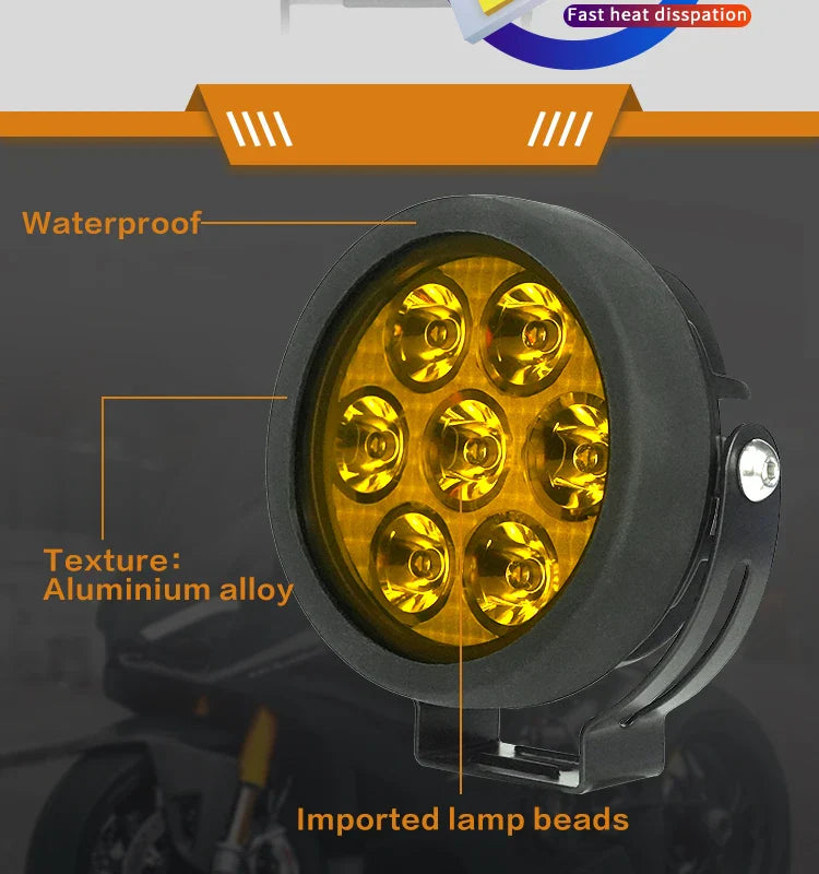 HJG 7 LED Round White Fog Light With Yellow Cap (70W) With Wiring Kit Harness And Switch Spot Driving Lamp Universal for Car, Bike and Motorcycle (set of 2) - PREMIUM