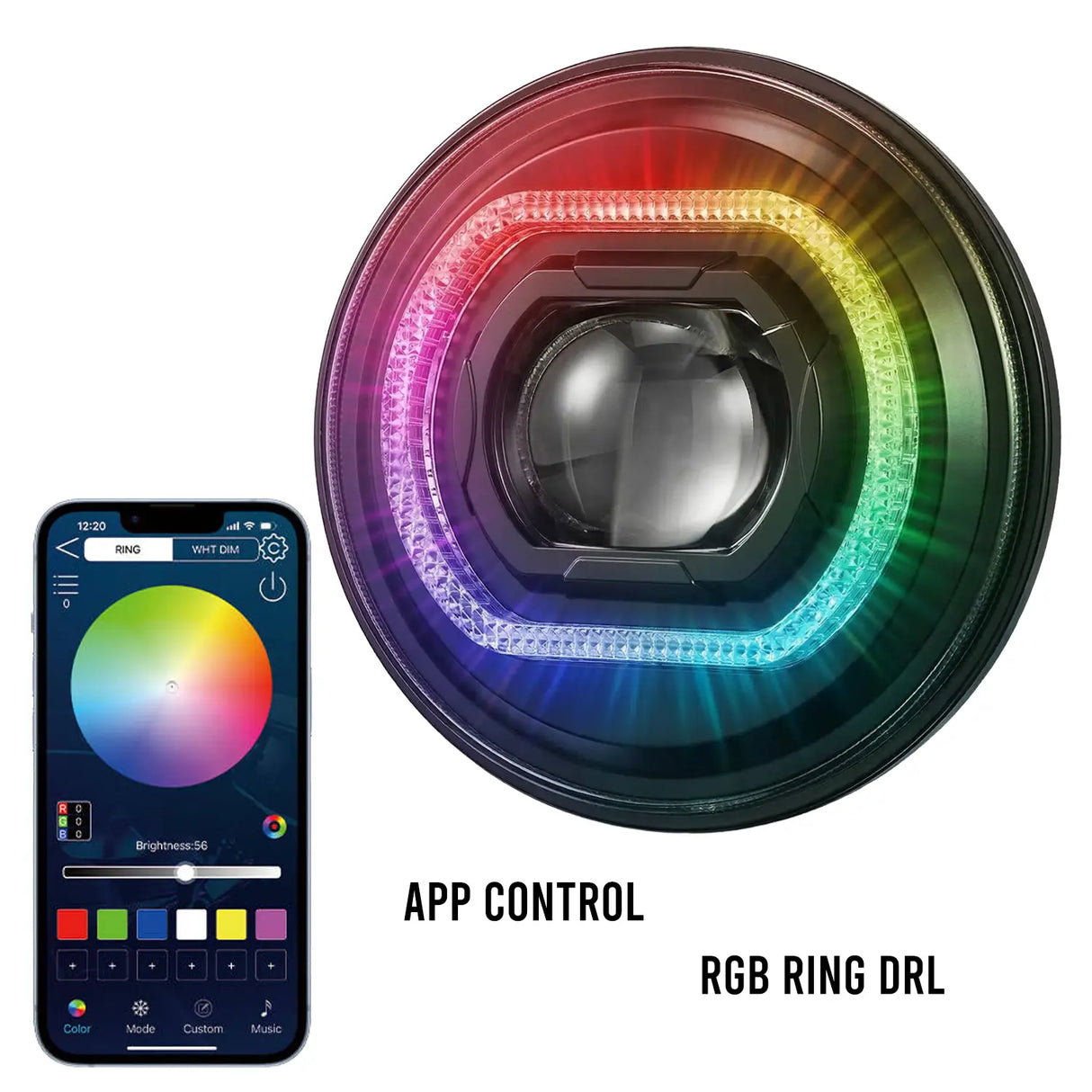 HJG 7 Inch RGB LED Headlight Chakra Headlight Assembly for Thar Royal Enfield | 75-120W CREE/Osram LED Chip Multi color Compatible with Royal Enfield, Jeep, Thar, Gypsy