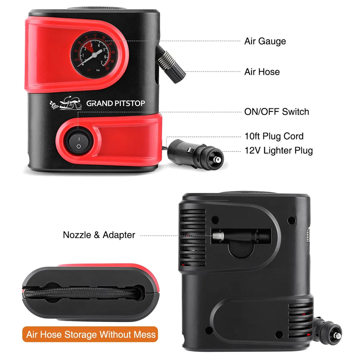 Electric Tire Inflator Air Compressor Pump for Car, Motorcycle, Balls and Mattress - Red
