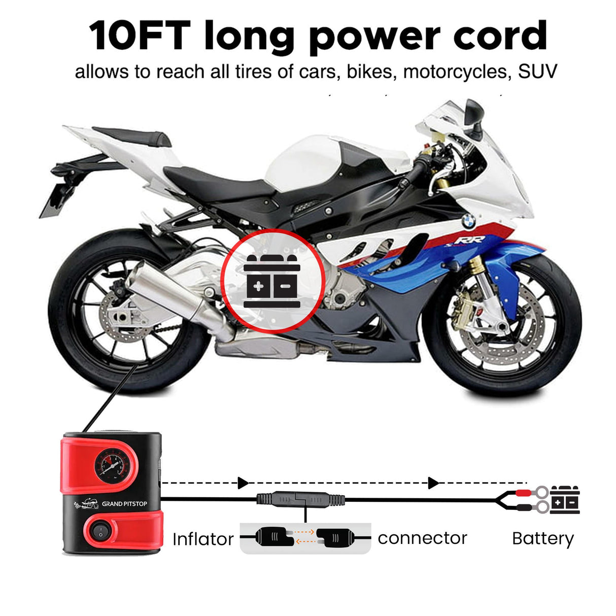 Electric Tire Inflator Air Compressor Pump for Car, Motorcycle, Balls and Mattress - Red