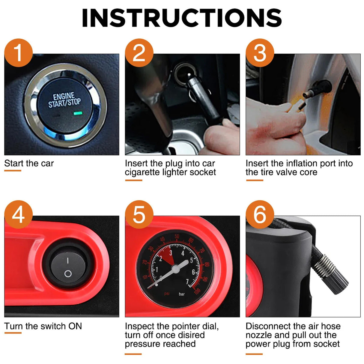 Electric Tire Inflator Air Compressor Pump for Car, Motorcycle, Balls and Mattress - Red