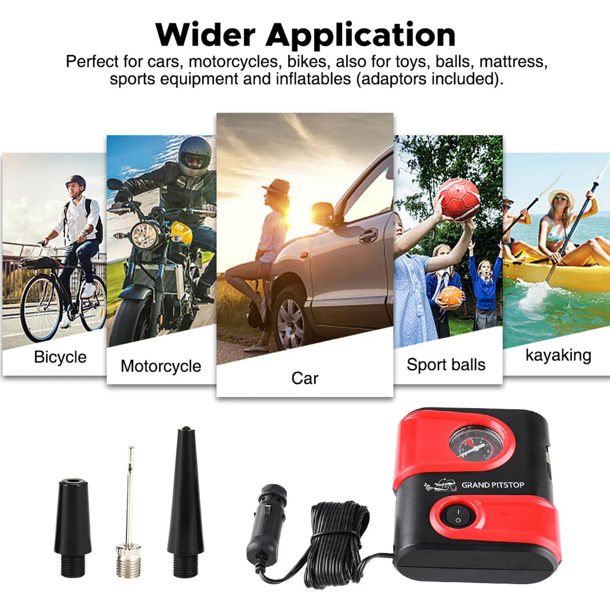 Electric Tire Inflator Air Compressor Pump for Car, Motorcycle, Balls and Mattress - Red