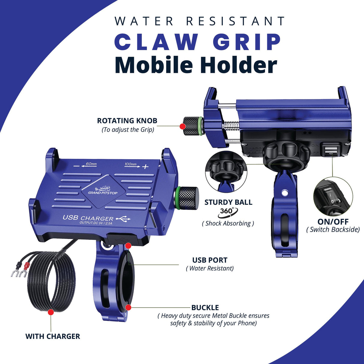 Claw Grip Aluminium Mobile Holder Mount with Charger - Blue
