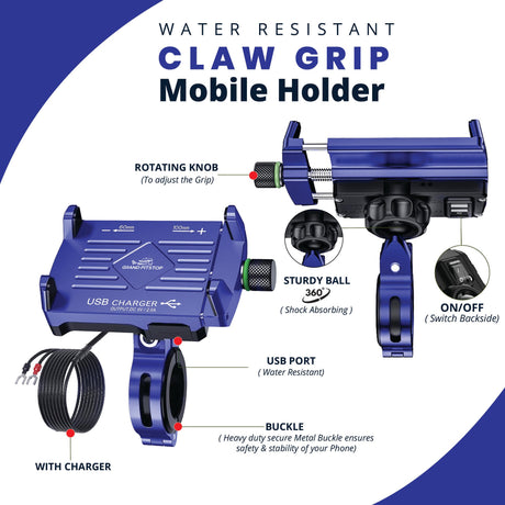 Claw Grip Aluminium Mobile Holder Mount with Charger - Blue