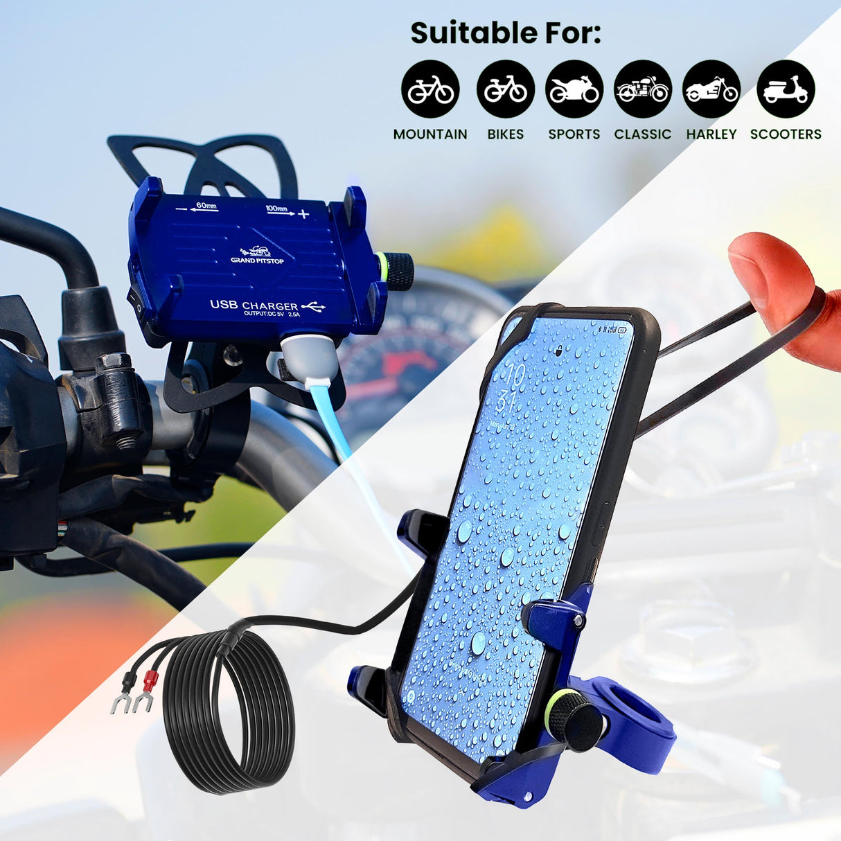 Claw Grip Aluminium Mobile Holder Mount with Charger - Blue