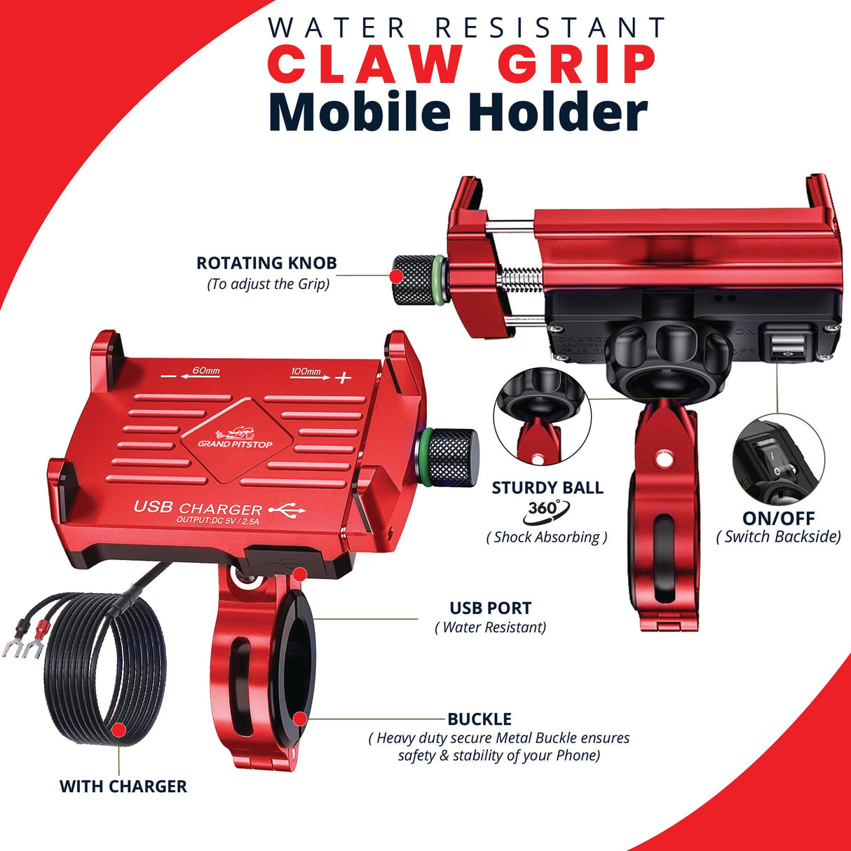 Claw Grip Aluminium Mobile Holder Mount with Charger - Red