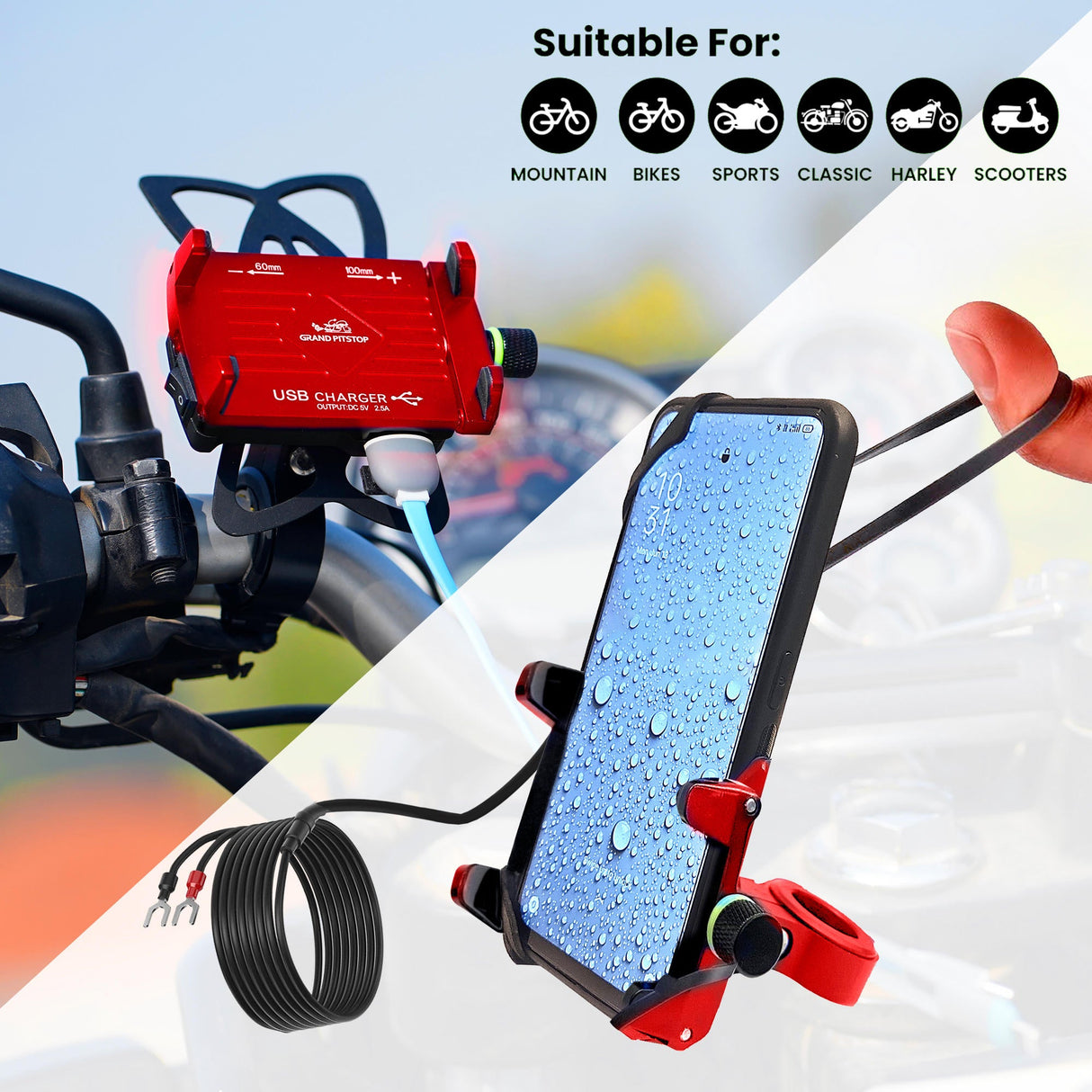 Claw Grip Aluminium Mobile Holder Mount with Charger - Red
