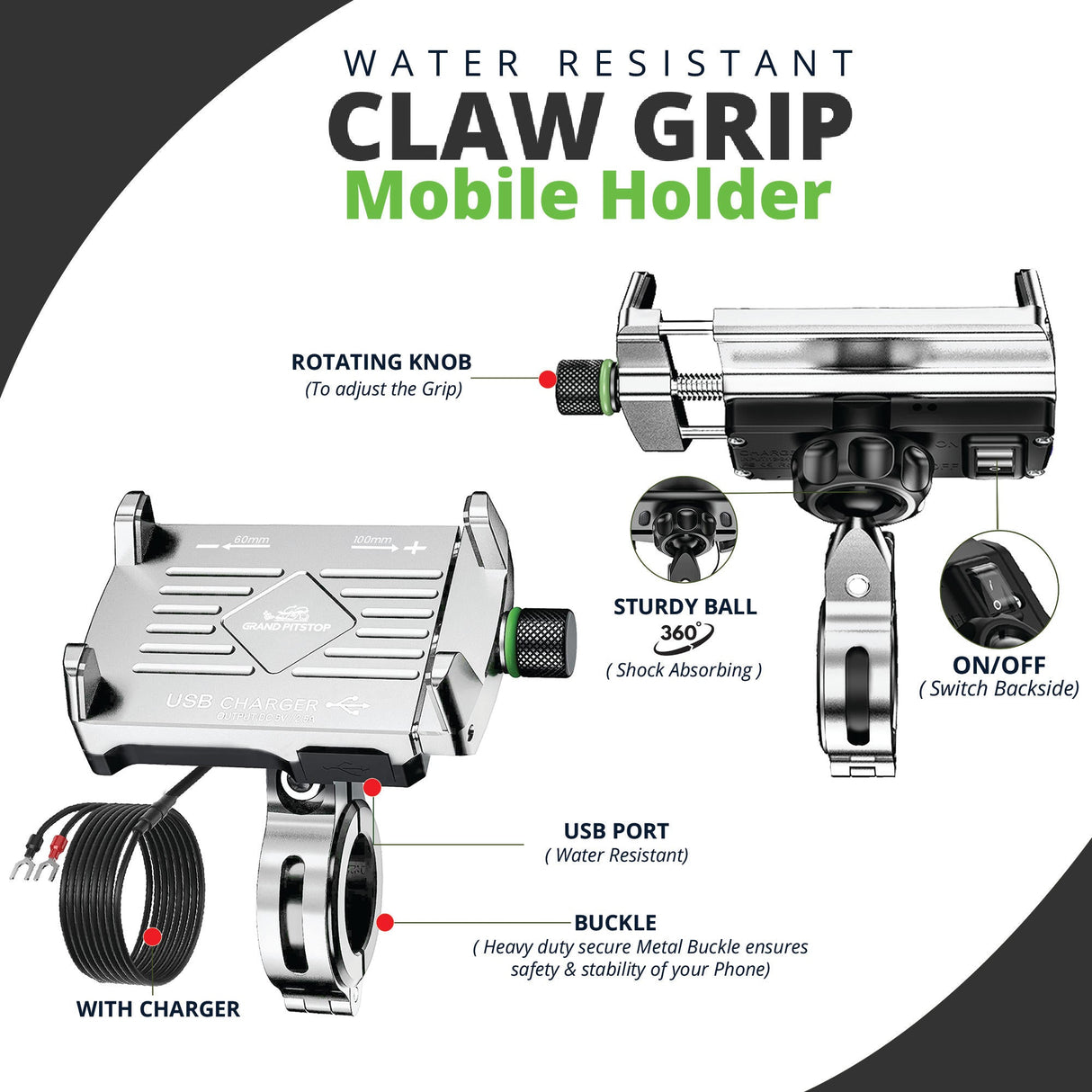 Claw Grip Aluminium Mobile Holder Mount with Charger - Silver