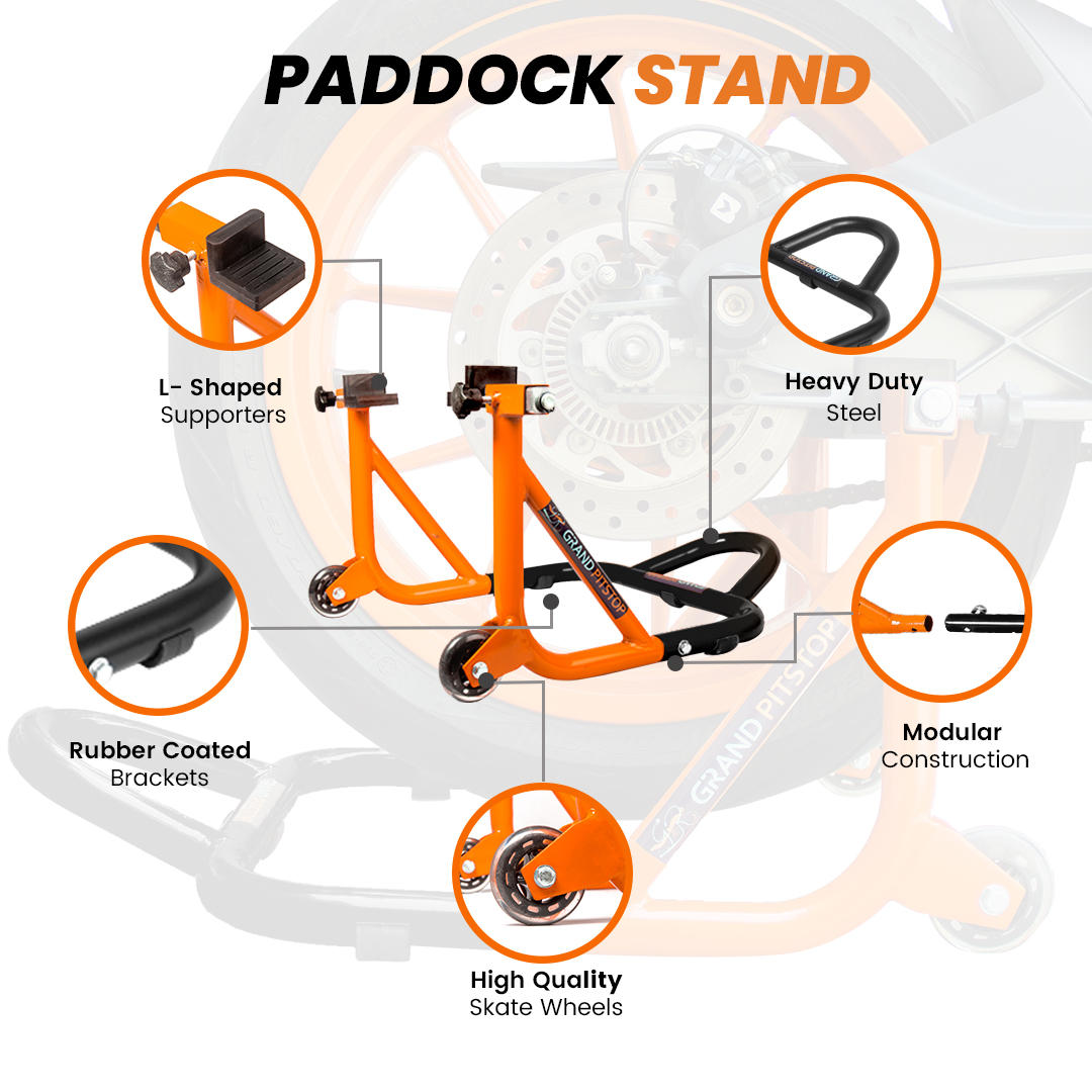 Dismantable Rear Paddock Stand with Skate Wheels - Black + Orange - (Bike Wt upto: 450 kgs)