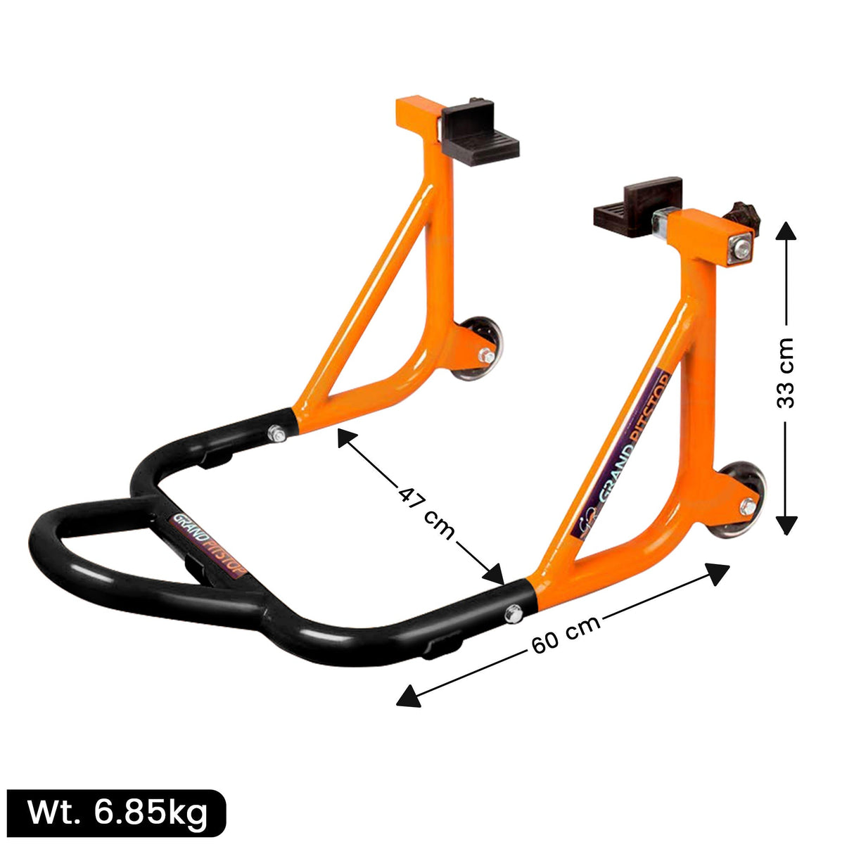 Dismantable Rear Paddock Stand with Skate Wheels - Black + Orange - (Bike Wt upto: 450 kgs)