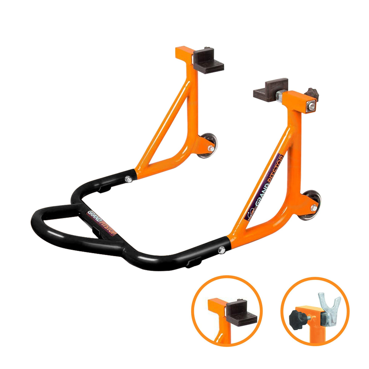 Dismantable Rear Paddock Stand with Skate Wheels - Black + Orange - (Bike Wt upto: 450 kgs)