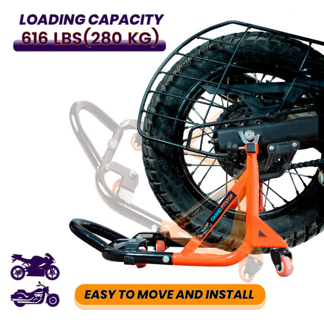 Dismantable Rear Paddock Stand with 360 Rotation- Black + Orange - (Bike Wt upto: 280 kgs)