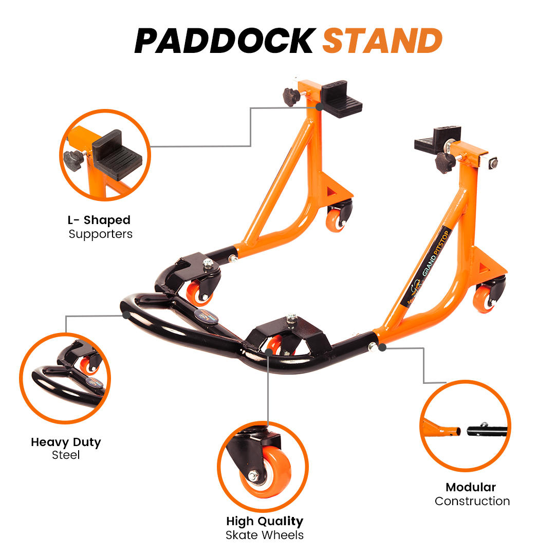 Dismantable Rear Paddock Stand with 360 Rotation- Black + Orange - (Bike Wt upto: 280 kgs)