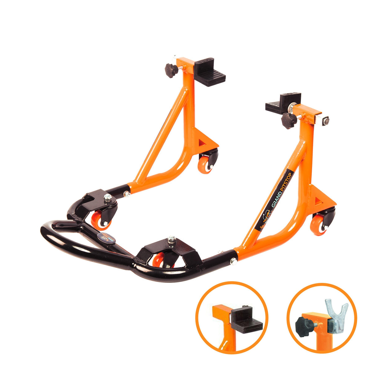Dismantable Rear Paddock Stand with 360 Rotation- Black + Orange - (Bike Wt upto: 280 kgs)