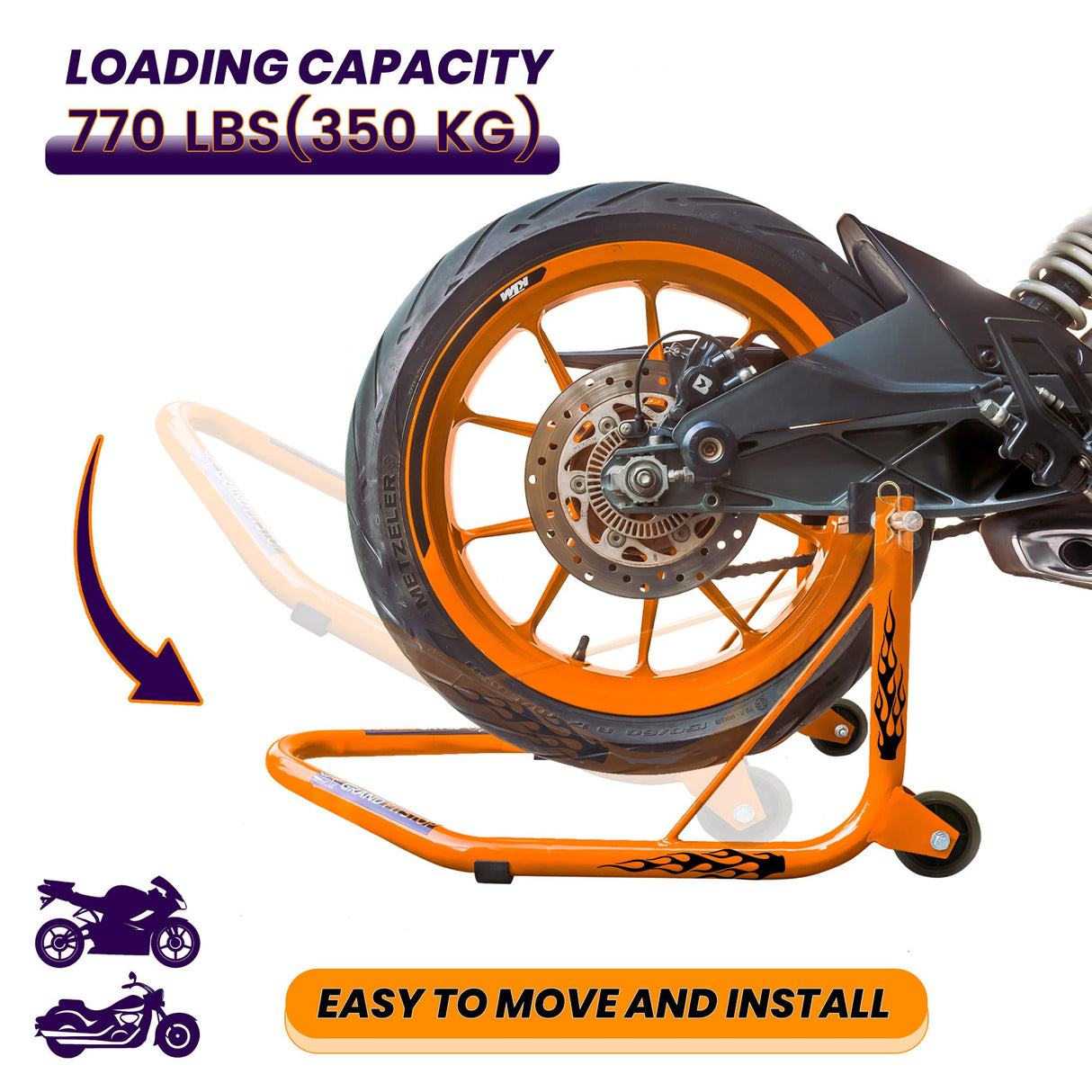 Non-Dismantable classic Rear Paddock Stand without Skate Wheels - Orange - (Bike Wt upto: 350 kgs)