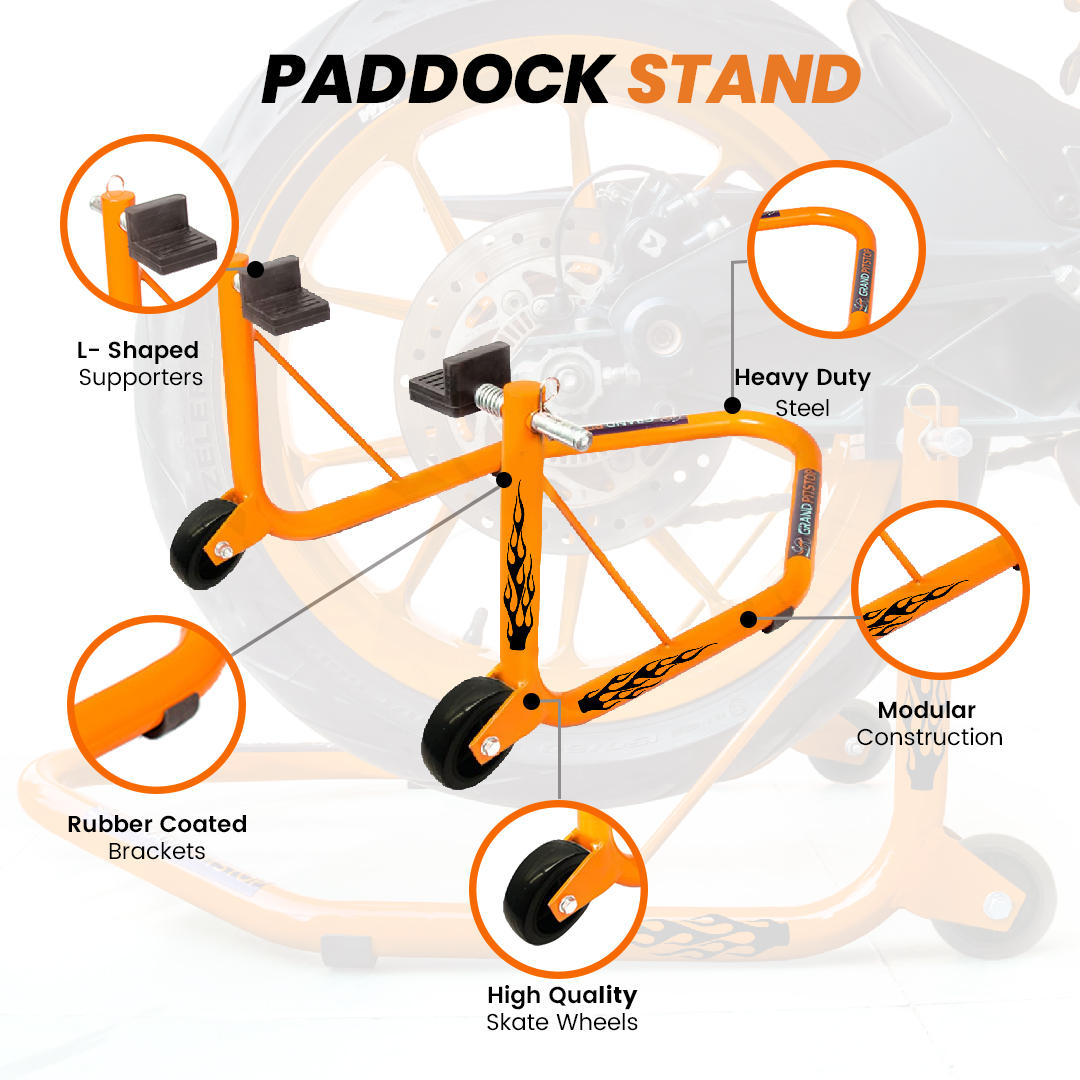 Non-Dismantable classic Rear Paddock Stand without Skate Wheels - Orange - (Bike Wt upto: 350 kgs)