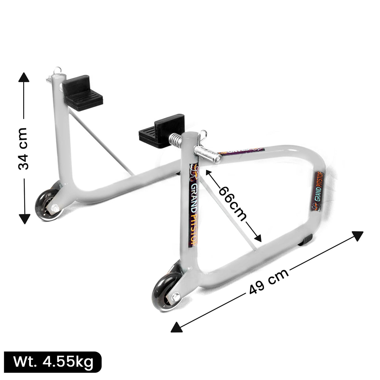 Non-Dismantable Universal Rear Paddock Stand with Skate Wheels - Silver - (Bike Wt upto: 350 kgs)