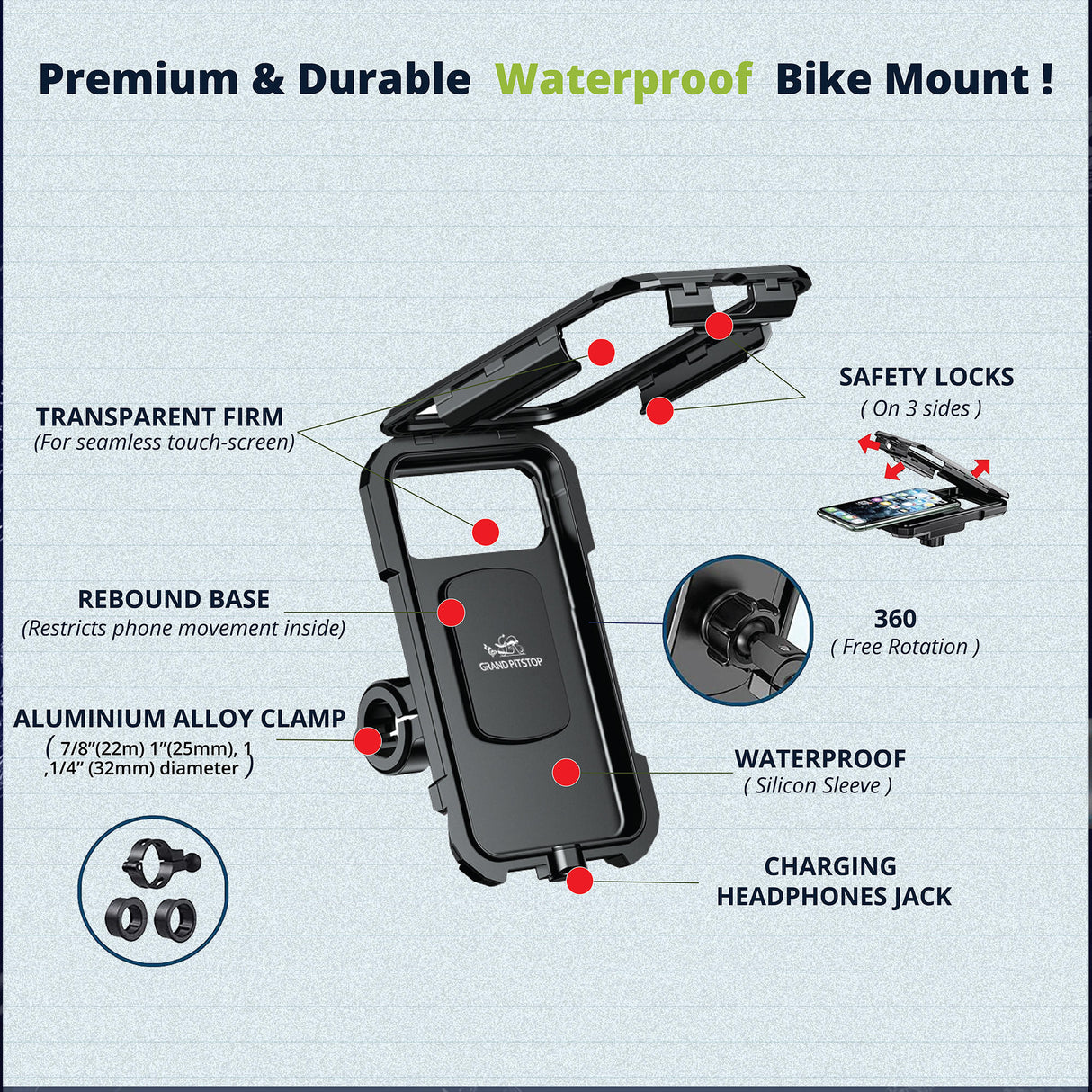 Waterproof Mobile Holder Handlebar Mount - Black