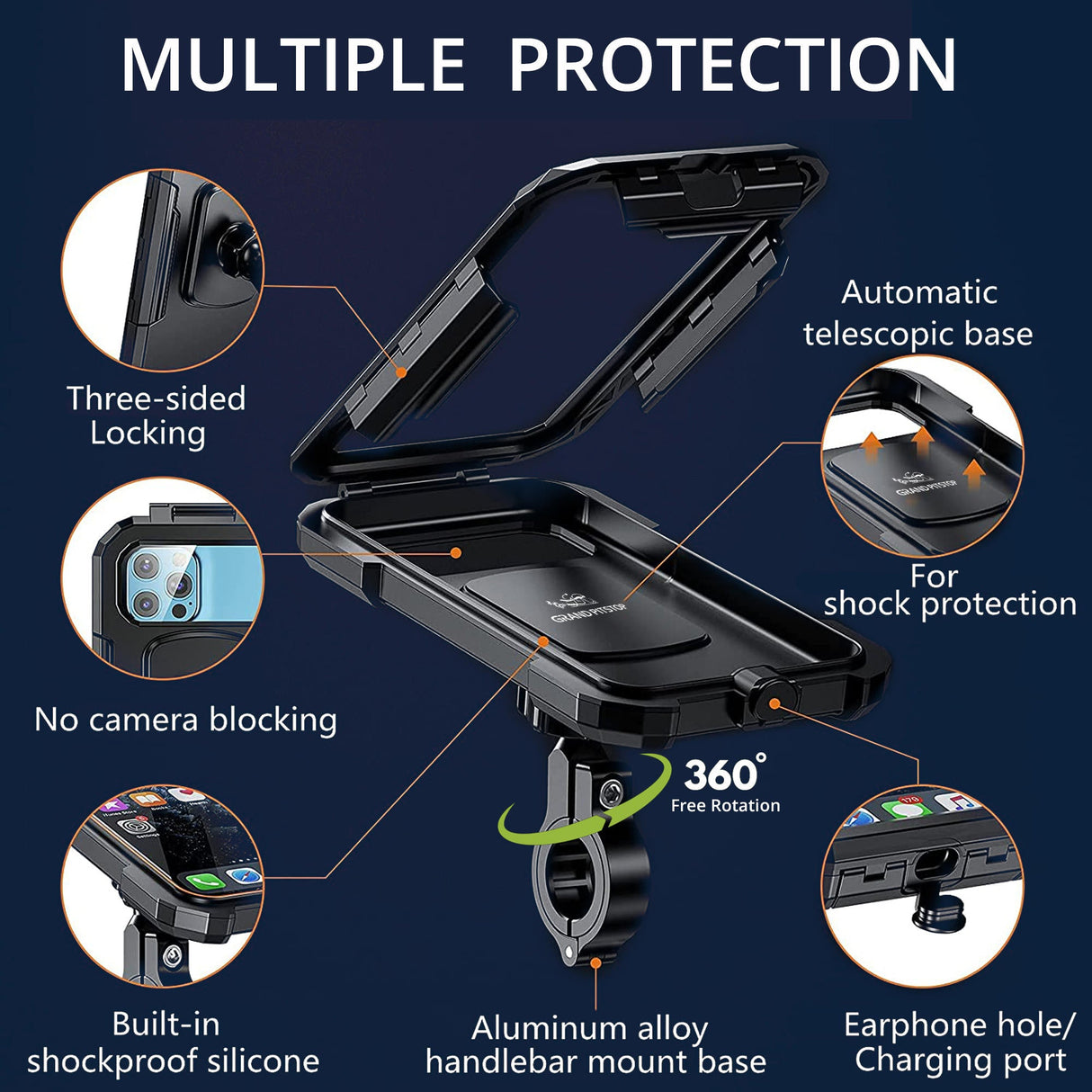 Waterproof Mobile Holder Handlebar Mount with 15W Wireless Charger - Black
