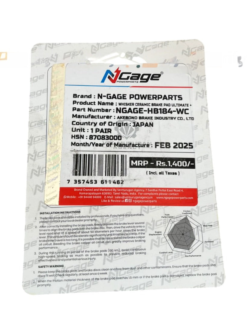 DOMINAR 250/400 (UG19 ONWARDS ) |front and rear whisker ceramic Ultimate + brake pads | NGAGE POWERPARTS - COMBO HB184 HB163