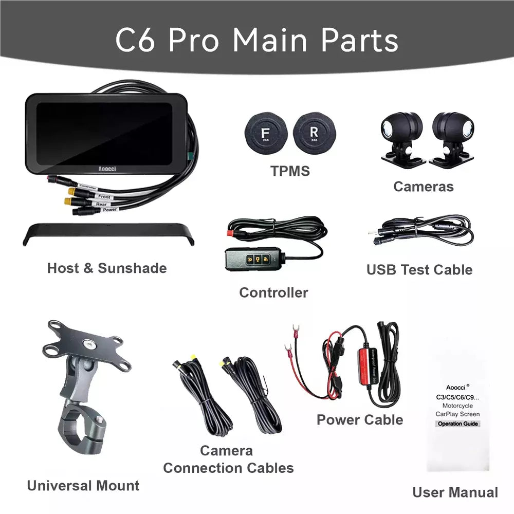 AOOCCI C6 PRO Motorcycle Dash Cam Front and Rear, 4K 1080P Dual Dash Motorcycle Camera with Wireless CarPlay and Android Auto, GPS & Emergency Lock, 140° Wide Angle, Wired Remote, IP67 Waterproof