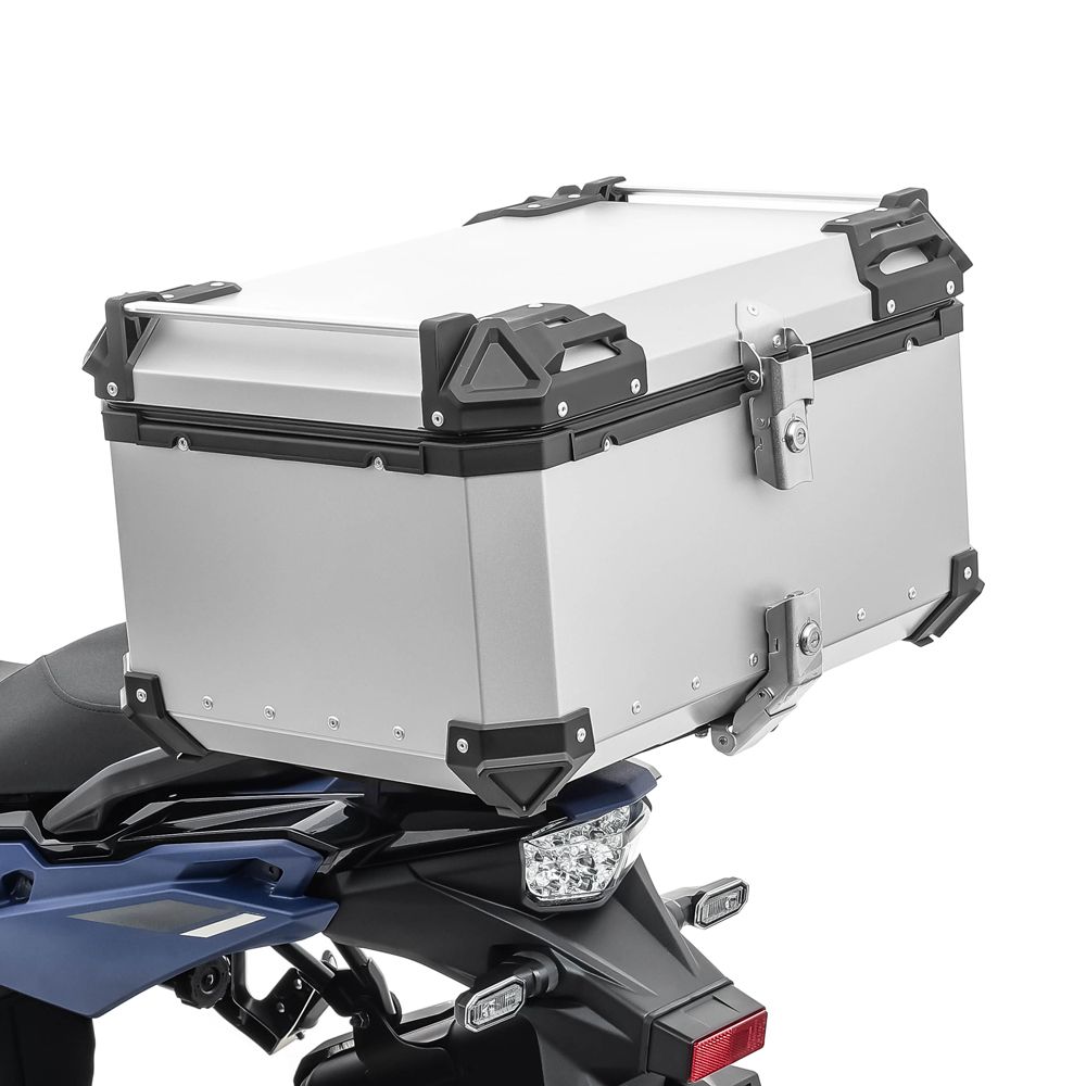 TAANC Overlander 137 Touring Setup 02 – X65 Top Box + Twin 36 Panniers | Aero Silver Aluminium Combo