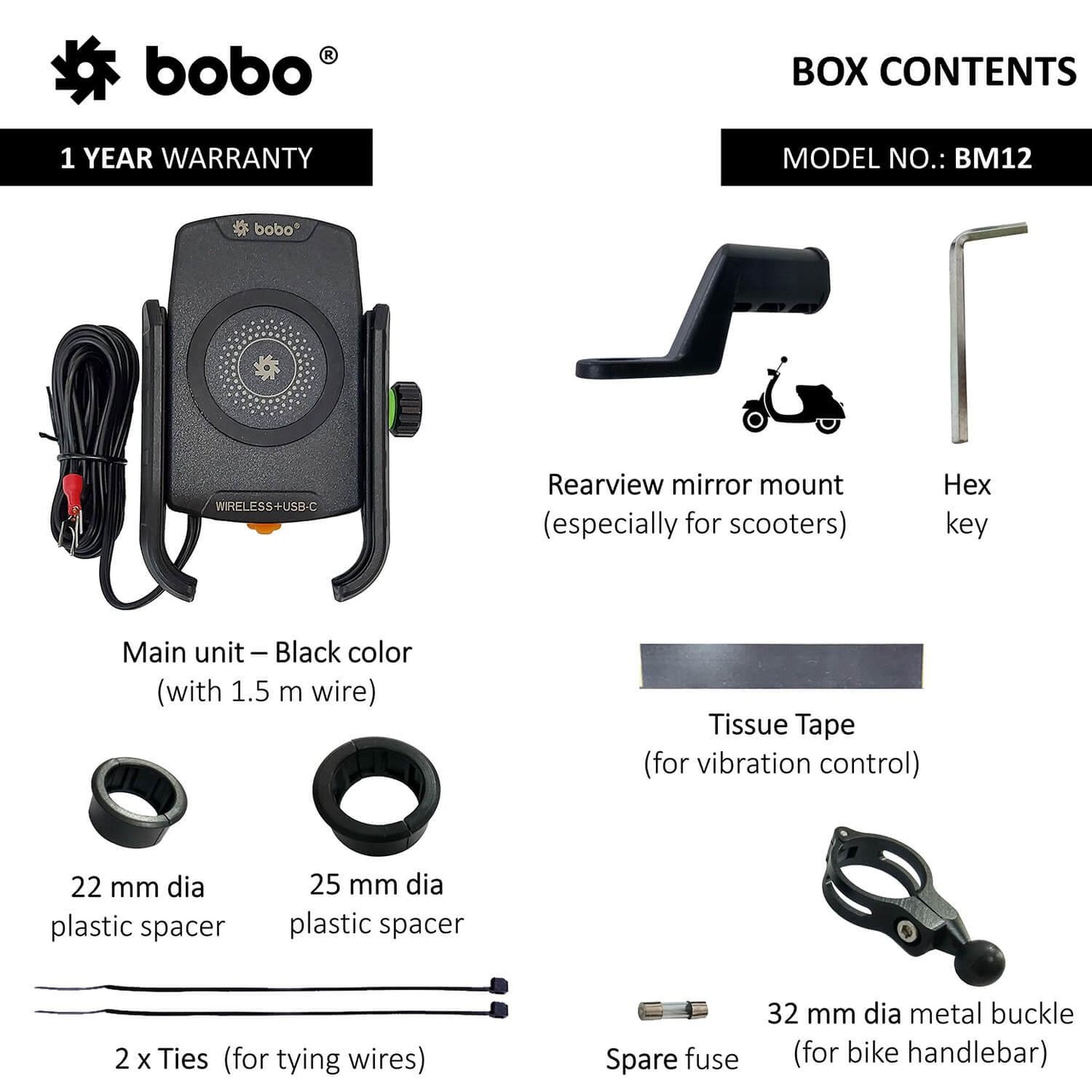 BOBO BM12 Bike Phone Holder (with Fast 15W Wireless Charger & USB-C Input/Output Port) Motorcycle Mobile Mount - Moto Modz