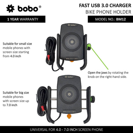 BOBO BM12 Bike Phone Holder (with Fast 15W Wireless Charger & USB-C Input/Output Port) Motorcycle Mobile Mount - Moto Modz