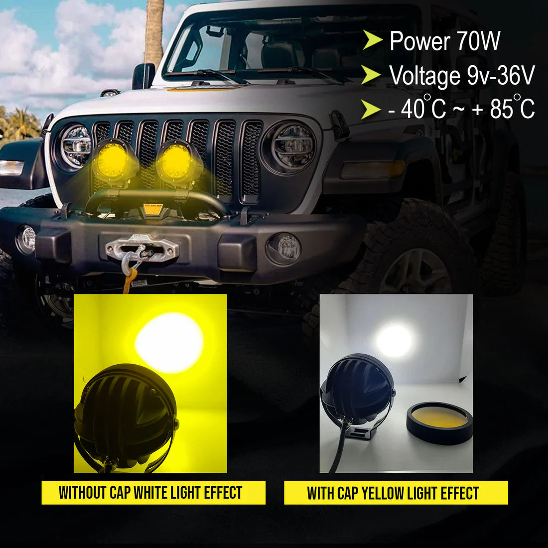 HJG 7 LED Round White Fog Light With Yellow Cap (70W) With Wiring Kit Harness And Switch Spot Driving Lamp Universal for Car, Bike and Motorcycle (set of 2) - PREMIUM