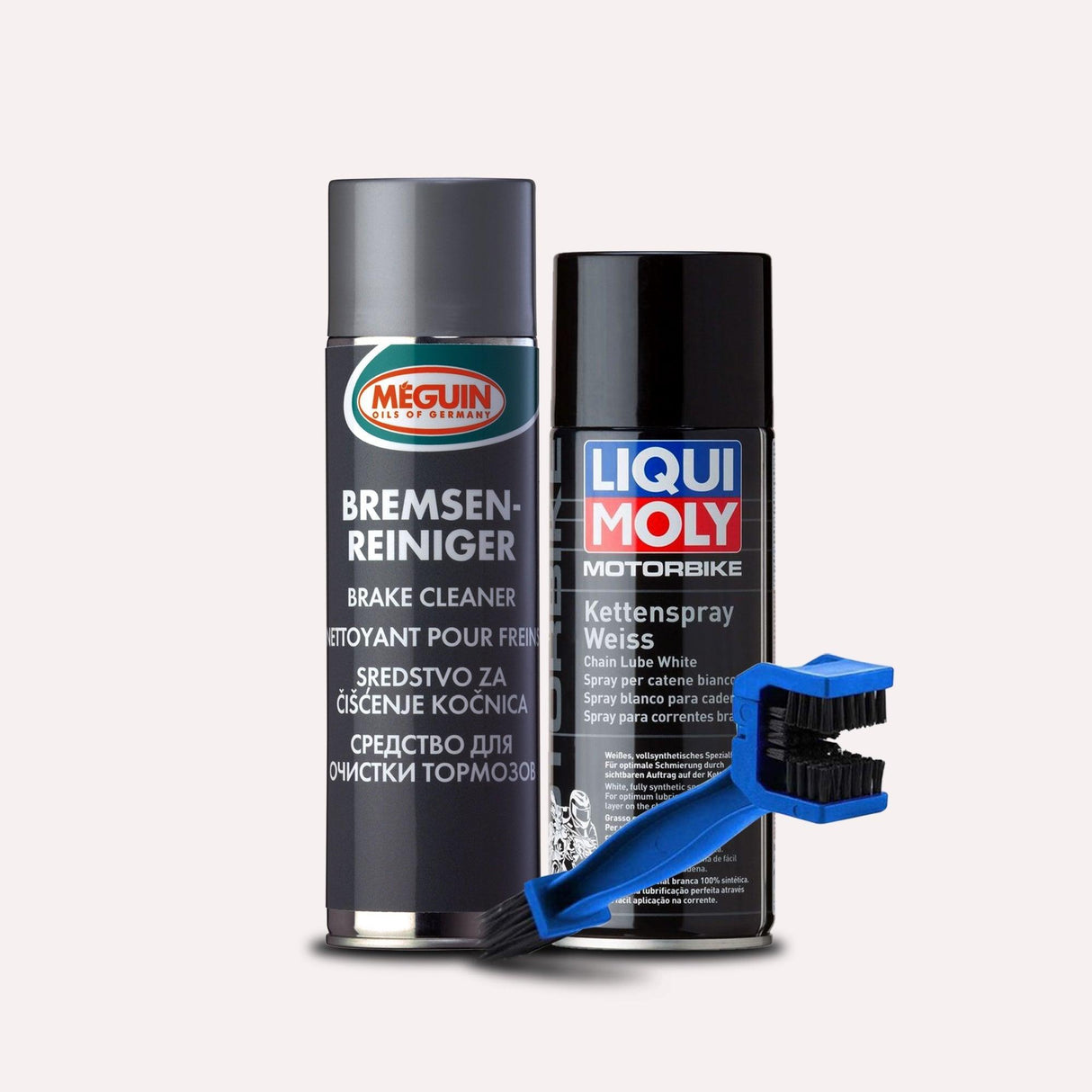 Combo of liqui Moly Chain lube White (400 ml) and Meguin Chain Cleaner (500 ml) with Chain Cleaning Brush (LARGE, BLUE) - Moto Modz