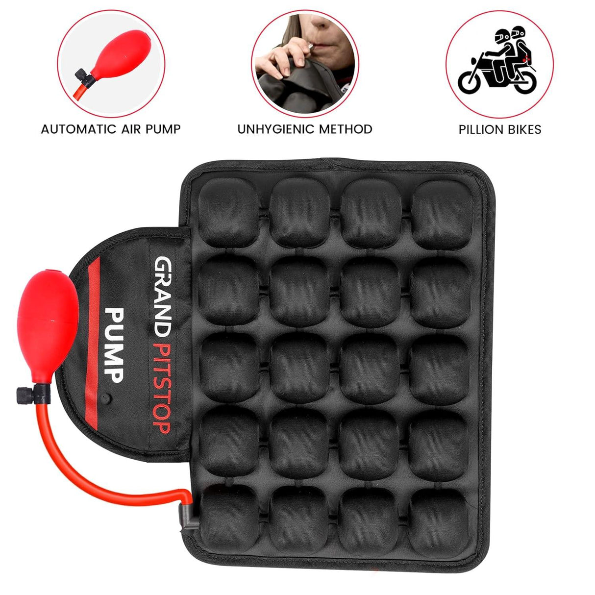GRAND PITSTOP Motorcycle Air Seat Cushion with Air Filling Pump, Inflatable Bubble Air Pads with Breathable Mesh Cover & Non-Skid Bottom Compatible for Cruiser Motorcycle - Moto Modz